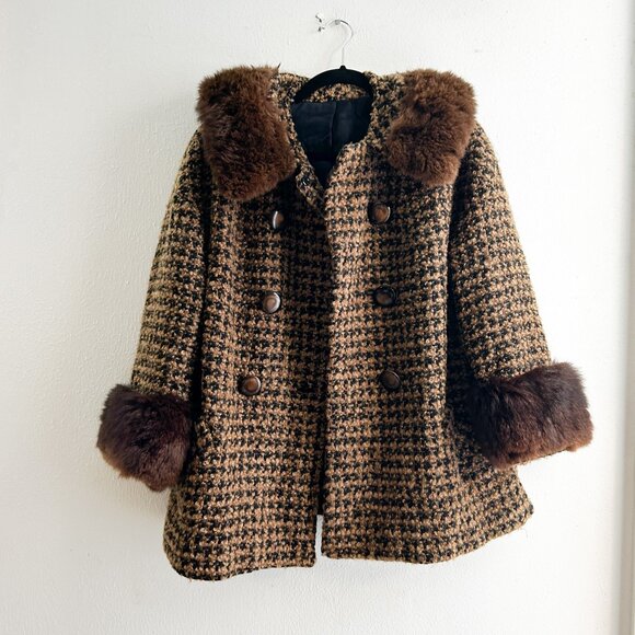 VINTAGE 1950's Mid Century Mink Trimmed Wool Bouclé Double Breasted Swing Coat - Picture 3 of 10